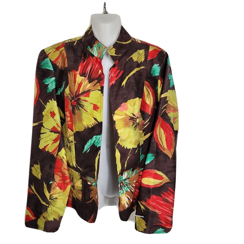 Coldwater Creek Womens Jacket Medium Lightweight Silk Leaf Art Open Colorful